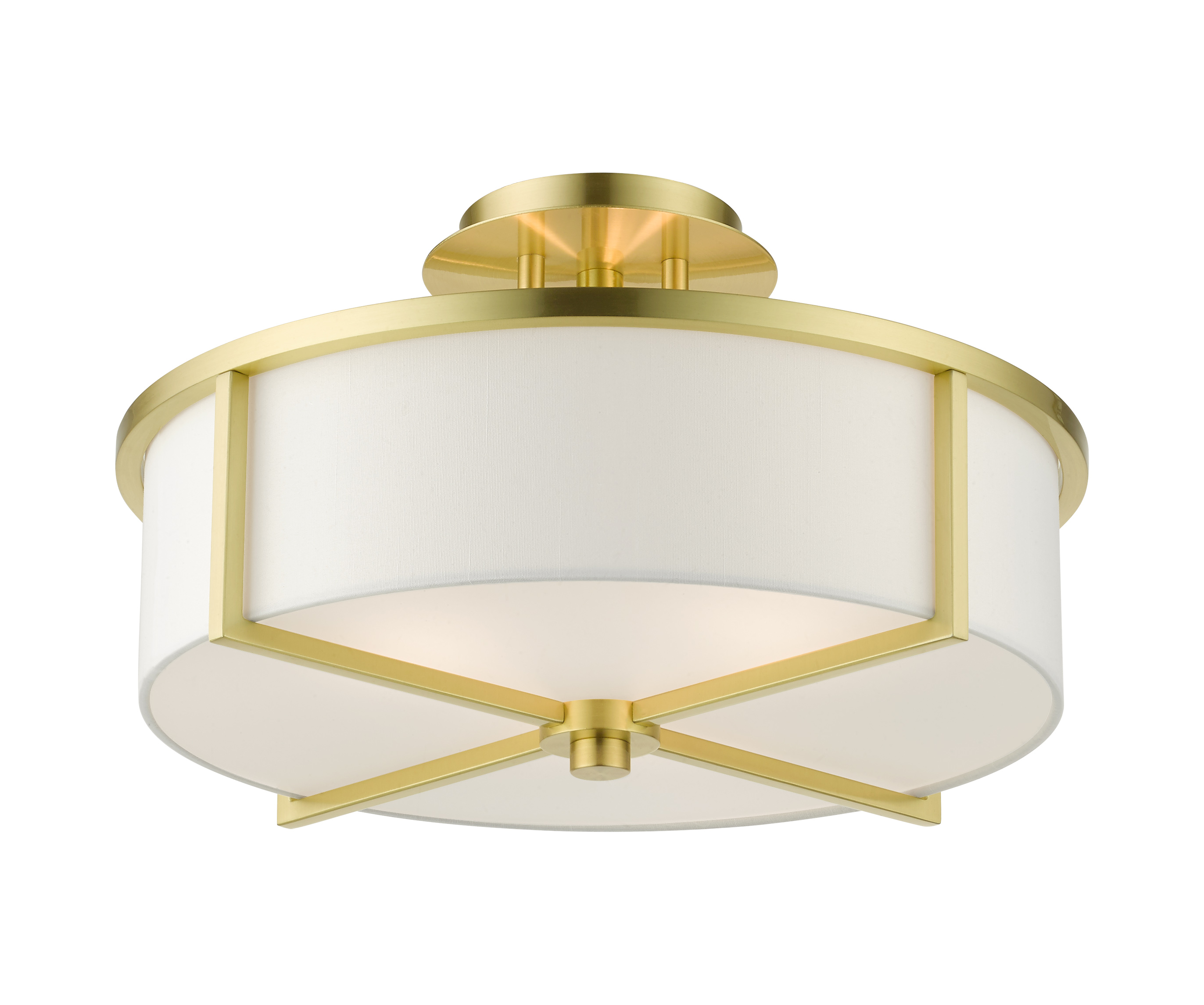 Livex Lighting 51074-12 Wesley Collection 3-Light Semi Flush Mount Ceiling Light with Off-White Hardback Fabric Shade Satin Brass
